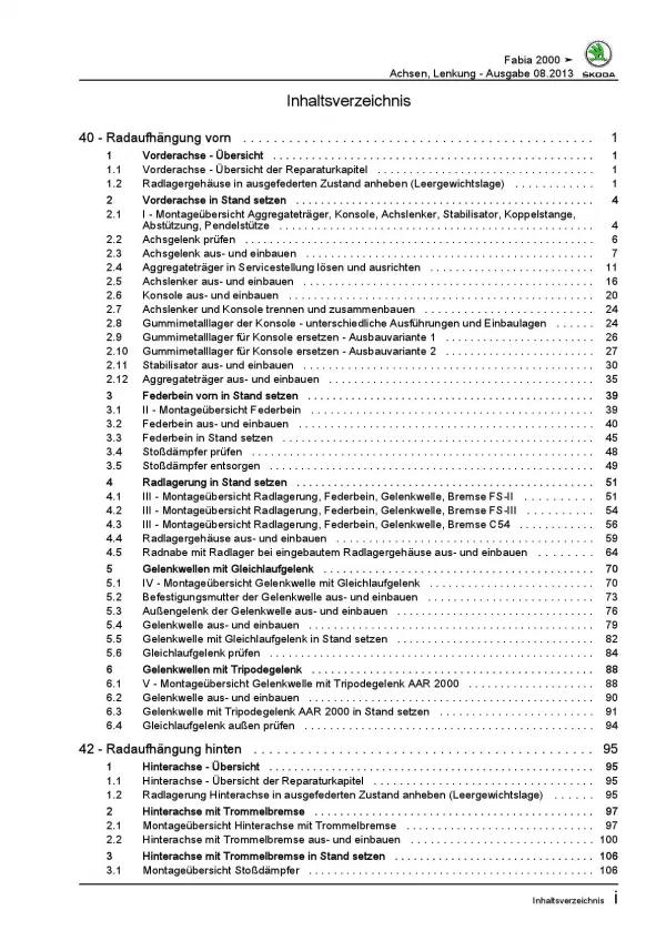 SKODA Fabia 6Y 1999-2007 Fahrwerk Achsen Lenkung Bremsen Reparaturanleitung PDF