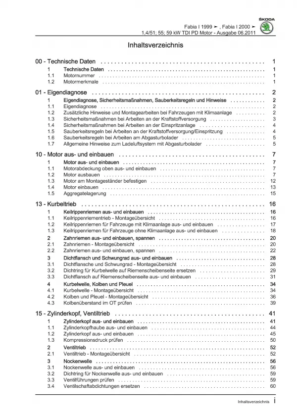 SKODA Fabia 6Y 1999-2007 3-Zyl. Dieselmotor TDI 68-80 PS Reparaturanleitung PDF