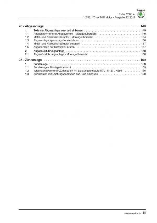 SKODA Fabia 6Y 1999-2007 3-Zyl. Benzinmotor MPI 54-64 PS Reparaturanleitung PDF