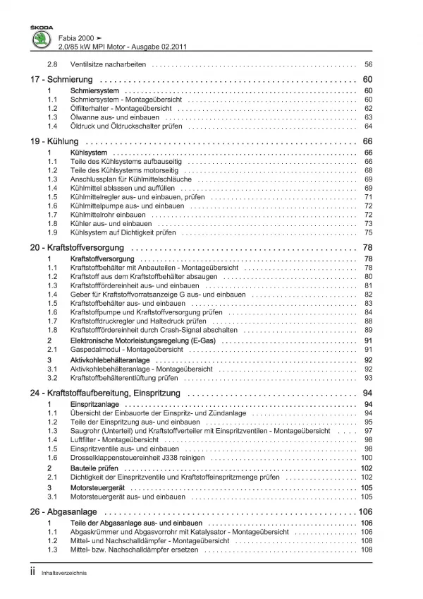 SKODA Fabia 6Y (99-07) 4-Zyl. 2,0l Benzinmotor MPI 115 PS Reparaturanleitung PDF