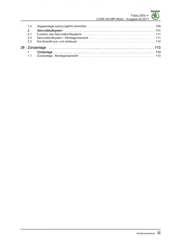 SKODA Fabia 6Y (99-07) 4-Zyl. 2,0l Benzinmotor MPI 115 PS Reparaturanleitung PDF