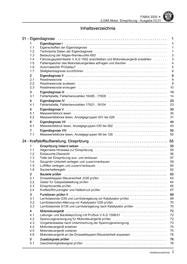 SKODA Fabia 1999-2007 Benziner Einspritz- Zündanlage 2,0l Reparaturanleitung PDF