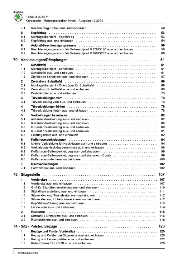 SKODA Fabia NJ 2014-2021 Karosserie Montagearbeiten Innen Reparaturanleitung PDF