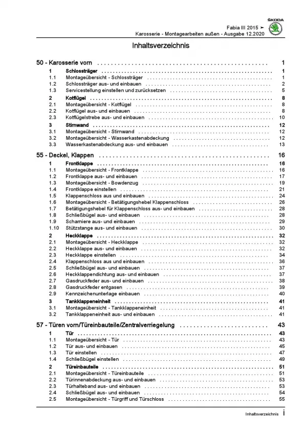 SKODA Fabia NJ 2014-2021 Karosserie Montagearbeiten Außen Reparaturanleitung PDF