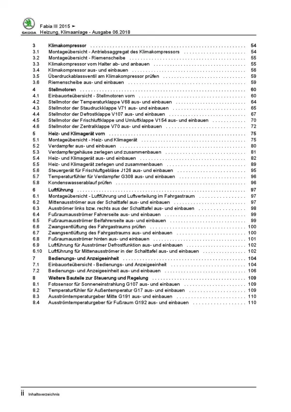 SKODA Fabia Typ NJ 2014-2021 Heizung Belüftung Klimaanlage Reparaturanleitung