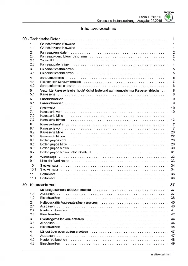 SKODA Fabia NJ 2014-2021 Karosserie Unfall Instandsetzung Reparaturanleitung PDF