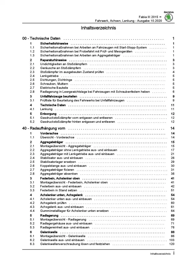 SKODA Fabia Typ NJ 2014-2021 Fahrwerk Achsen Lenkung Reparaturanleitung