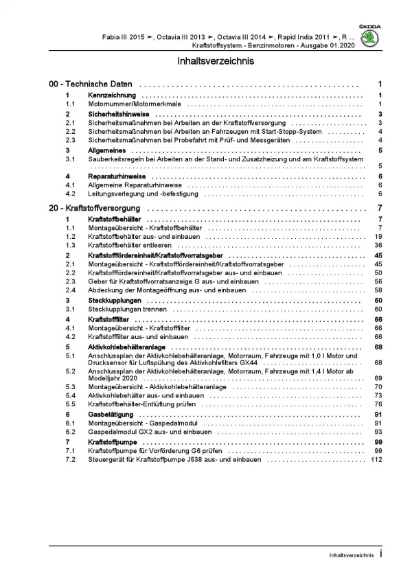 SKODA Fabia NJ (14-21) Kraftstoffversorgung Benzinmotoren Reparaturanleitung PDF