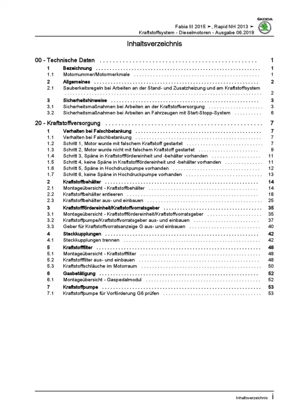 SKODA Fabia NJ (14-21) Kraftstoffversorgung Dieselmotoren Reparaturanleitung PDF