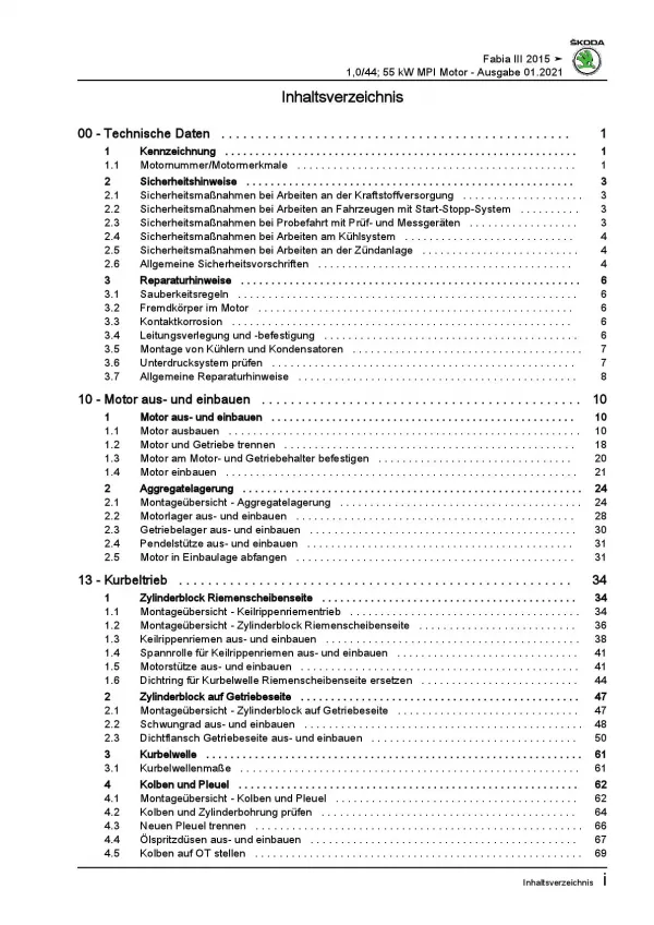 SKODA Fabia NJ 2014-2021 3-Zyl. 1,0l Benzinmotor 60-75 PS Reparaturanleitung PDF