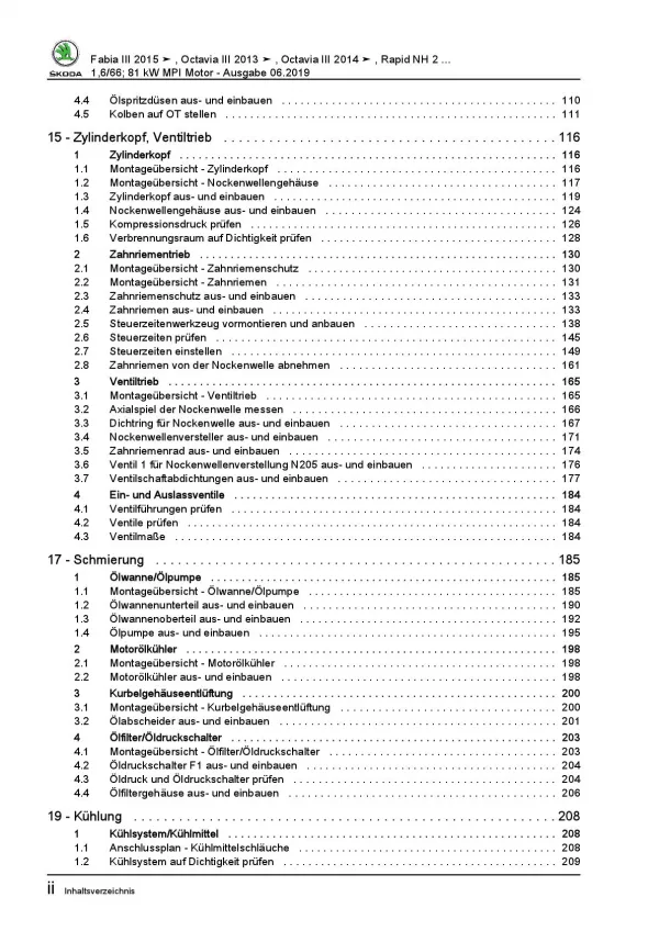 SKODA Fabia Typ NJ 2014-2021 4-Zyl. Benzinmotor 90-110 PS Reparaturanleitung PDF