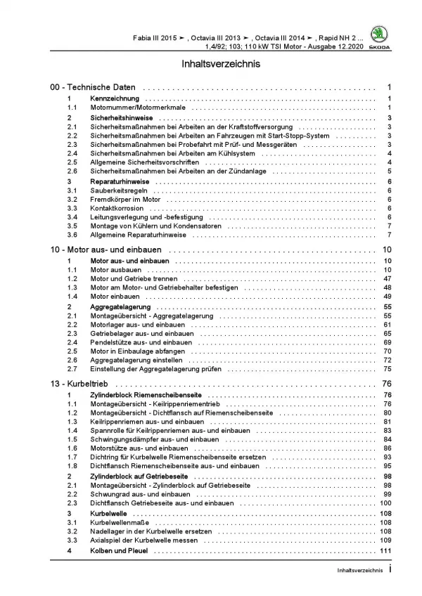 SKODA Fabia NJ (14-21) 4-Zyl. 1,4l Benzinmotor 125-150 PS Reparaturanleitung PDF