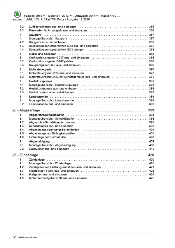 SKODA Fabia NJ (14-21) 4-Zyl. 1,4l Benzinmotor 125-150 PS Reparaturanleitung PDF