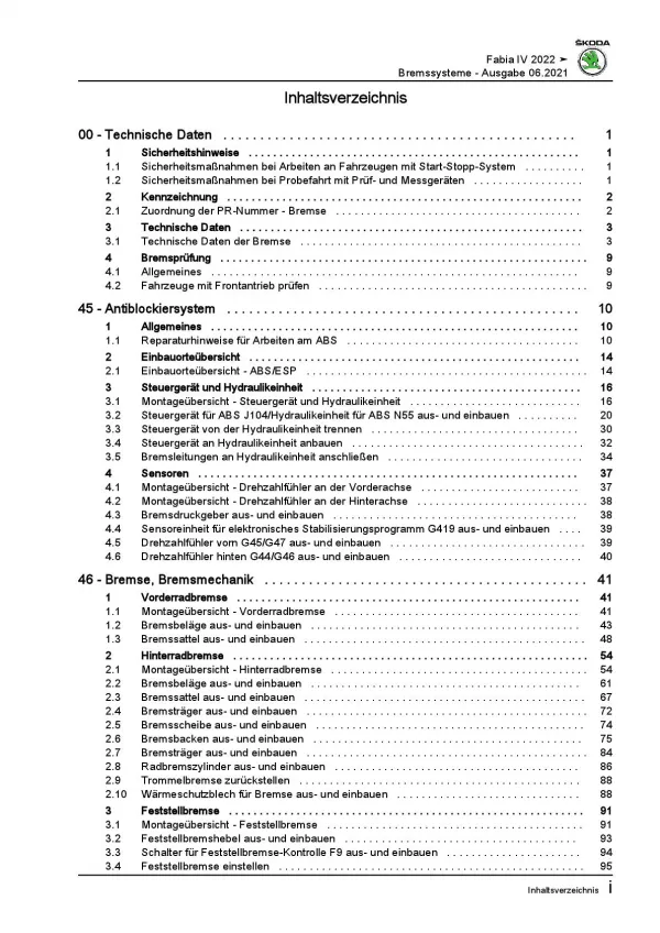 SKODA Fabia Typ PJ ab 2021 Bremsanlagen Bremsen System Reparaturanleitung PDF