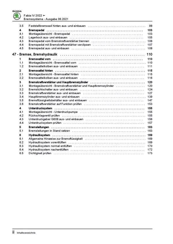 SKODA Fabia Typ PJ ab 2021 Bremsanlagen Bremsen System Reparaturanleitung PDF