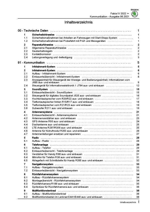 SKODA Fabia Typ PJ ab 2021 Radio Navigation Kommunikation Reparaturanleitung PDF