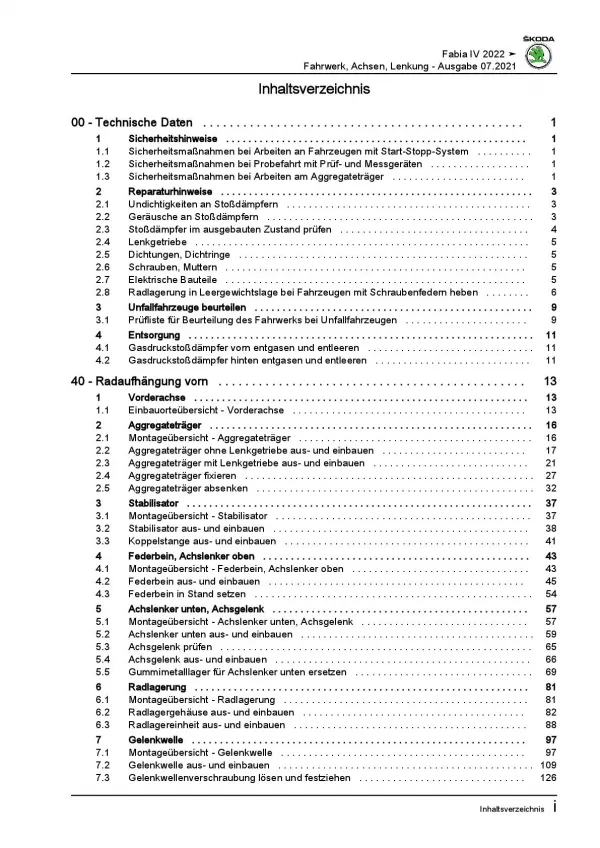 SKODA Fabia Typ PJ ab 2021 Fahrwerk Achsen Lenkung Reparaturanleitung PDF