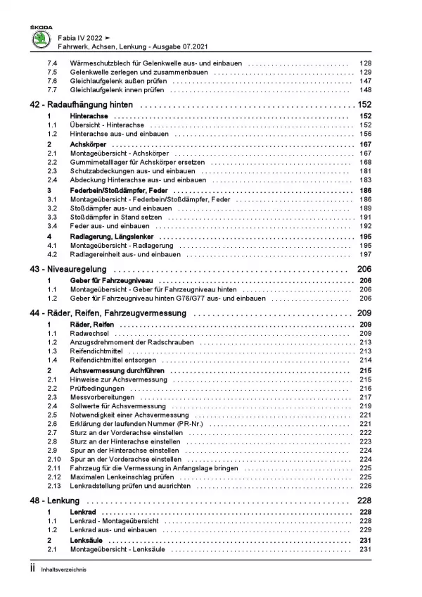 SKODA Fabia Typ PJ ab 2021 Fahrwerk Achsen Lenkung Reparaturanleitung