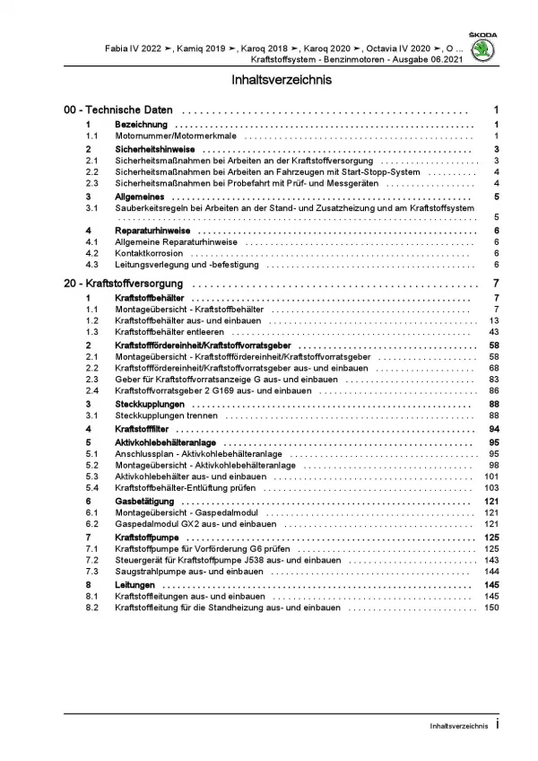 SKODA Fabia PJ ab 2021 Kraftstoffversorgung Benzinmotoren Reparaturanleitung PDF