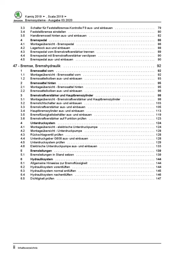 SKODA Kamiq Typ NW ab 2019 Bremsanlagen Bremsen System Reparaturanleitung PDF