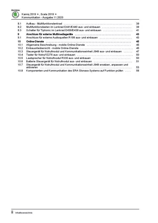 SKODA Kamiq Typ NW ab 2019 Radio Navigation Kommunikation Reparaturanleitung PDF