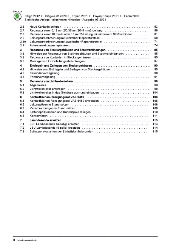 SKODA Kamiq NW (19>) Allgemeine Infos Elektrische Anlage Reparaturanleitung PDF