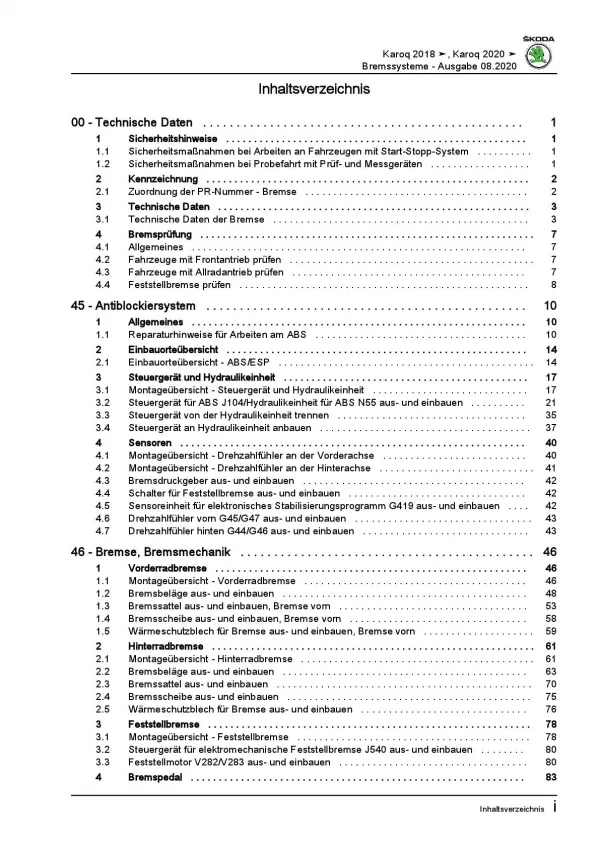 Skoda Karoq Typ NU ab 2017 Bremsanlagen Bremsen System Reparaturanleitung PDF