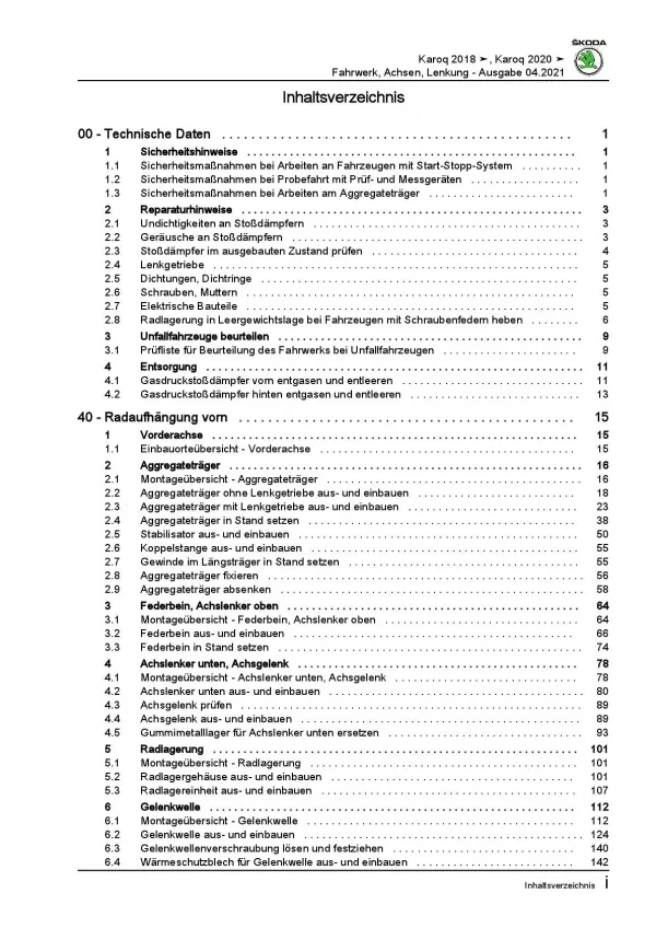 Skoda Karoq Typ NU ab 2017 Fahrwerk Achsen Lenkung Reparaturanleitung PDF