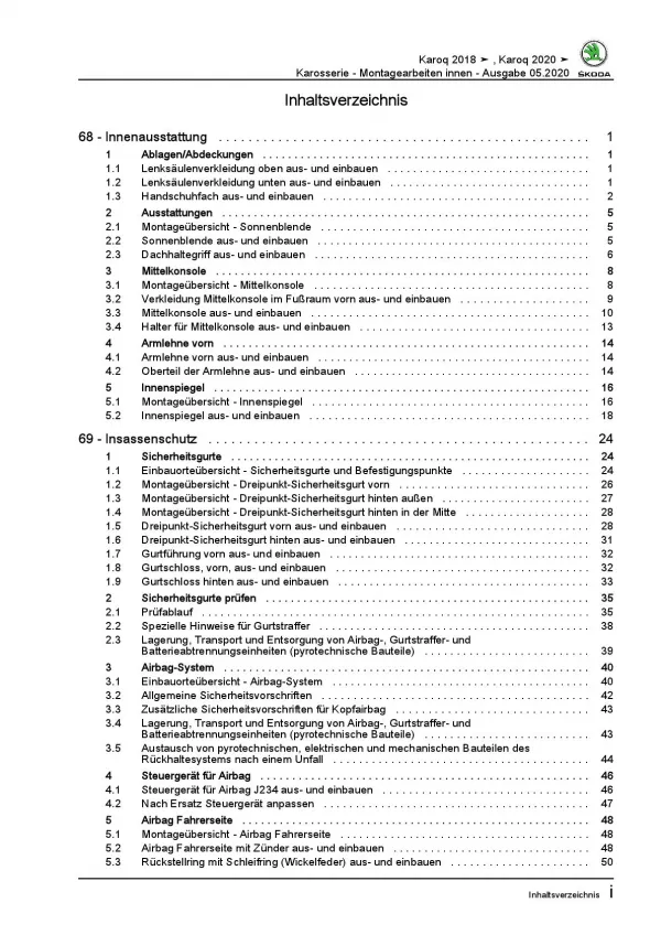 Skoda Karoq NU ab 2017 Karosserie Montagearbeiten Innen Reparaturanleitung PDF