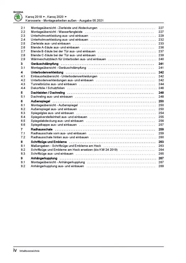Skoda Karoq NU ab 2017 Karosserie Montagearbeiten Außen Reparaturanleitung PDF
