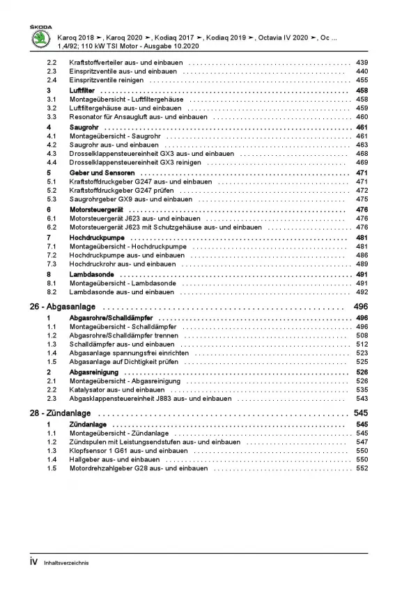 Skoda Karoq Typ NU ab 2017 4-Zyl. 1,4l Benzinmotor 150 PS Reparaturanleitung PDF