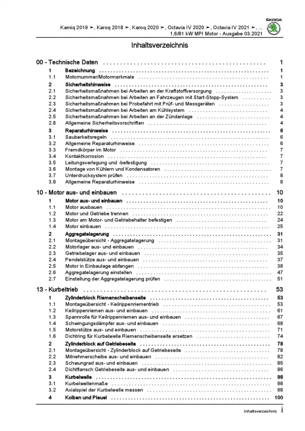 Skoda Karoq Typ NU ab 2017 4-Zyl. 1,6l Benzinmotor 110 PS Reparaturanleitung PDF