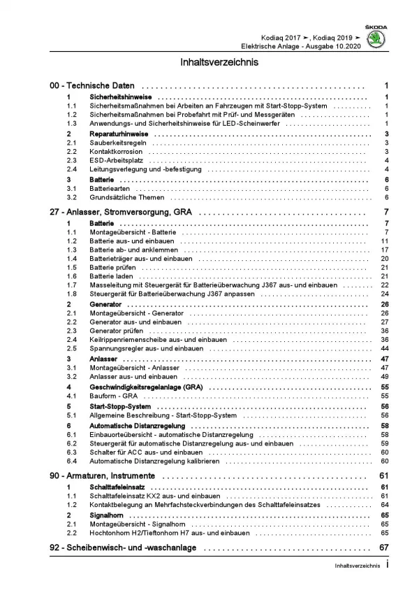 Skoda Kodiaq ab 2016 Elektrische Anlage Elektrik Systeme Reparaturanleitung PDF