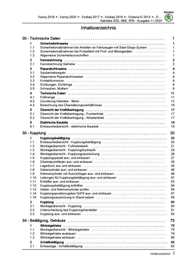 Skoda Kodiaq NS ab 2016 6 Gang Schaltgetriebe Kupplung Reparaturanleitung PDF