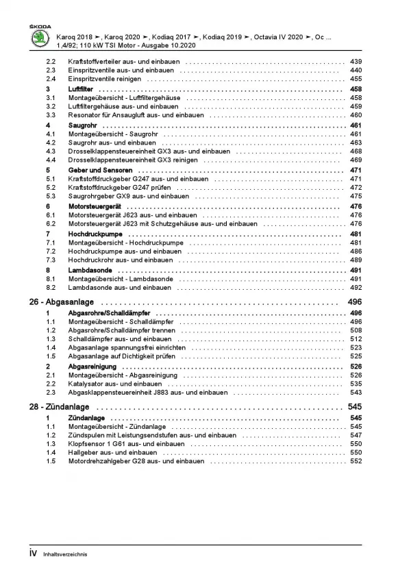 Skoda Kodiaq NS ab 2016 4-Zyl. 1,4l Benzinmotor 125-150 PS Reparaturanleitung