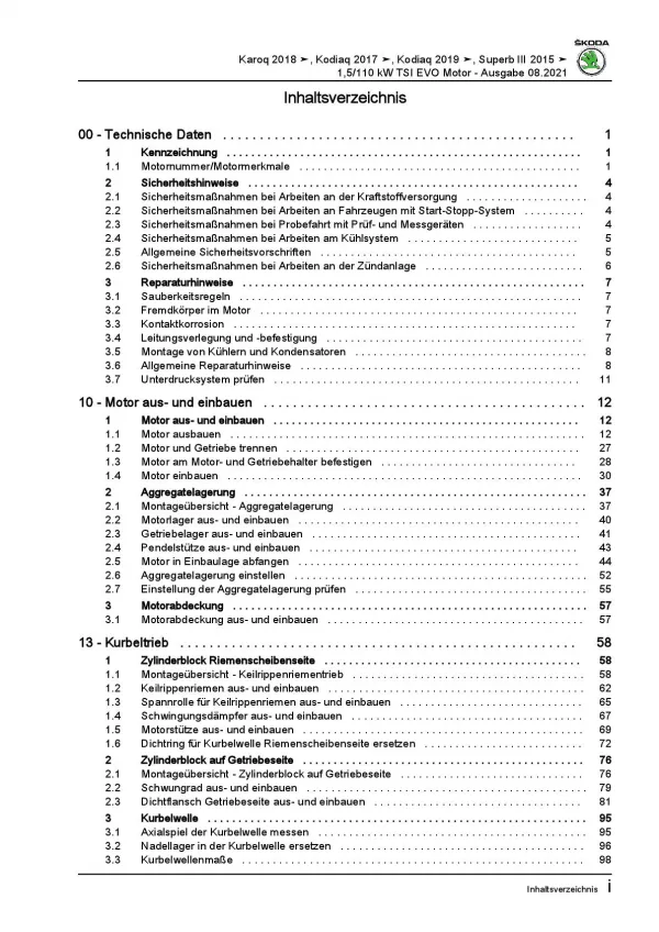 Skoda Kodiaq NS ab 2016 4-Zyl. 1,5l Benzinmotor 150 PS Reparaturanleitung PDF