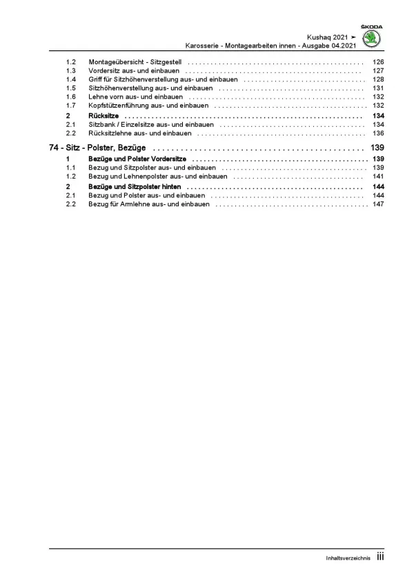 SKODA Kushaq PA ab 2021 Karosserie Montagearbeiten Innen Reparaturanleitung PDF