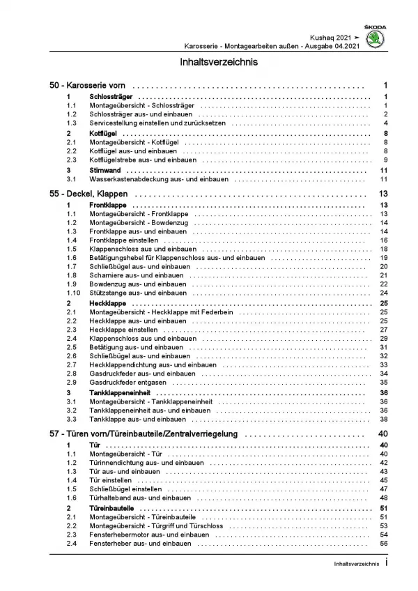 SKODA Kushaq PA ab 2021 Karosserie Montagearbeiten Außen Reparaturanleitung PDF