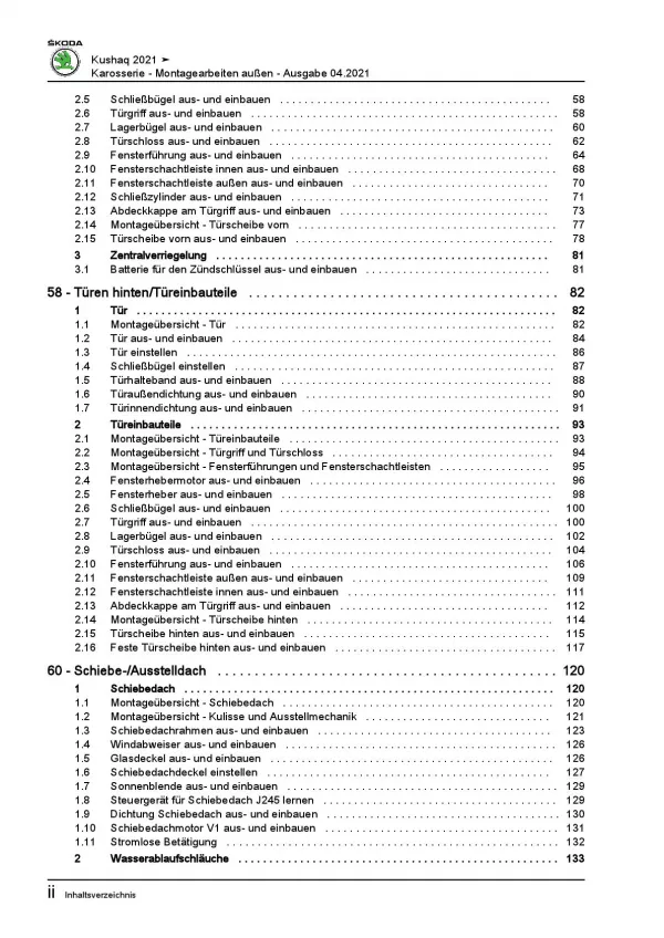 SKODA Kushaq PA ab 2021 Karosserie Montagearbeiten Außen Reparaturanleitung PDF