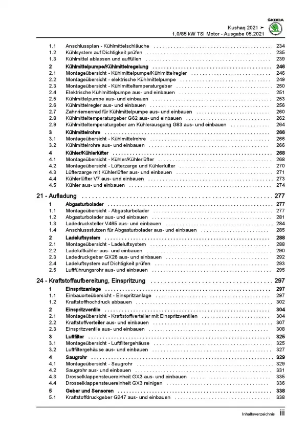 SKODA Kushaq PA ab 2021 3-Zyl. 1,0l Benzinmotor 115 PS Reparaturanleitung PDF