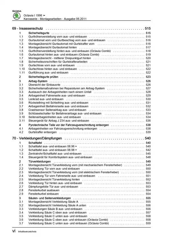 SKODA Octavia 1U 1996-2010 Karosseriearbeiten Innen Außen Reparaturanleitung PDF