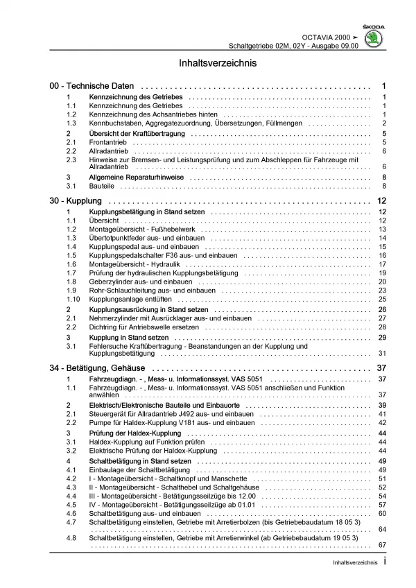 SKODA Octavia 1U 1996-2010 6 Gang Schaltgetriebe 02M 02Y Reparaturanleitung PDF