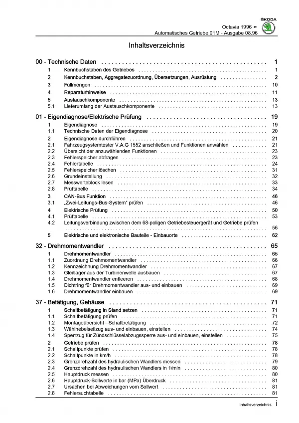 SKODA Octavia 1U 1996-2010 4 Gang Automatikgetriebe 01M Reparaturanleitung PDF