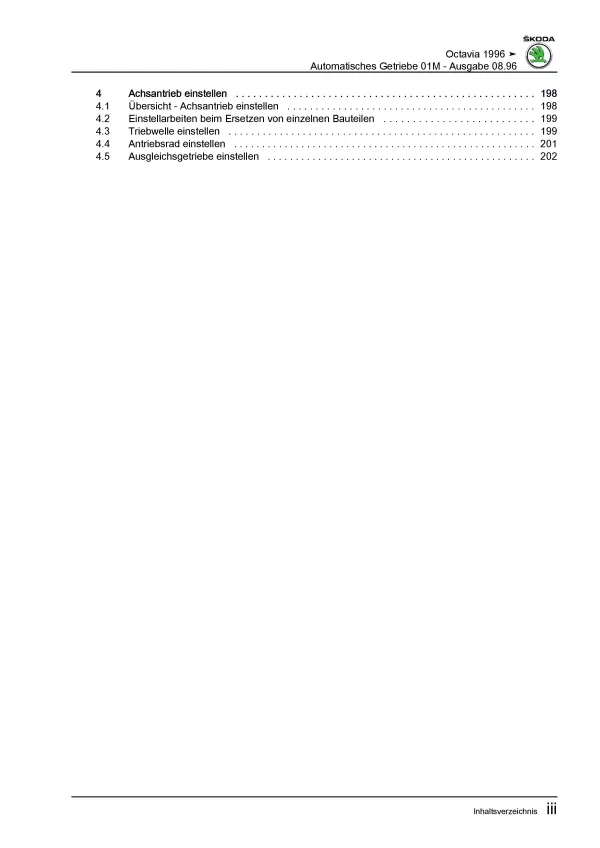 SKODA Octavia 1U 1996-2010 4 Gang Automatikgetriebe 01M Reparaturanleitung PDF