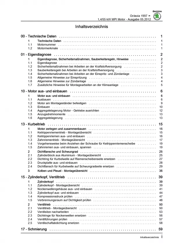 SKODA Octavia 1U 1996-2010 4-Zyl. 1,4l Benzinmotor 75 PS Reparaturanleitung PDF