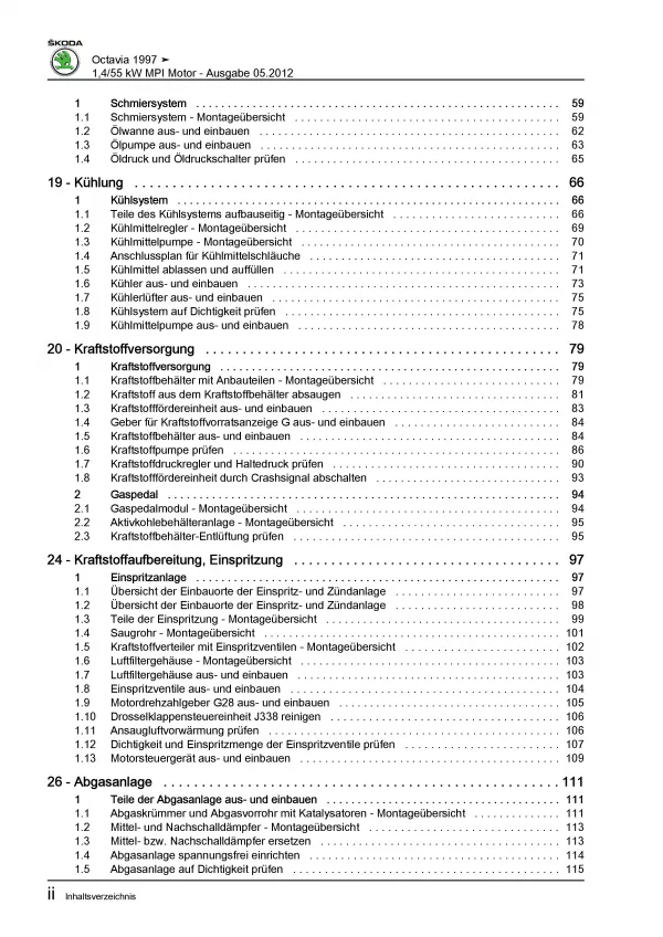 SKODA Octavia 1U 1996-2010 4-Zyl. 1,4l Benzinmotor 75 PS Reparaturanleitung PDF