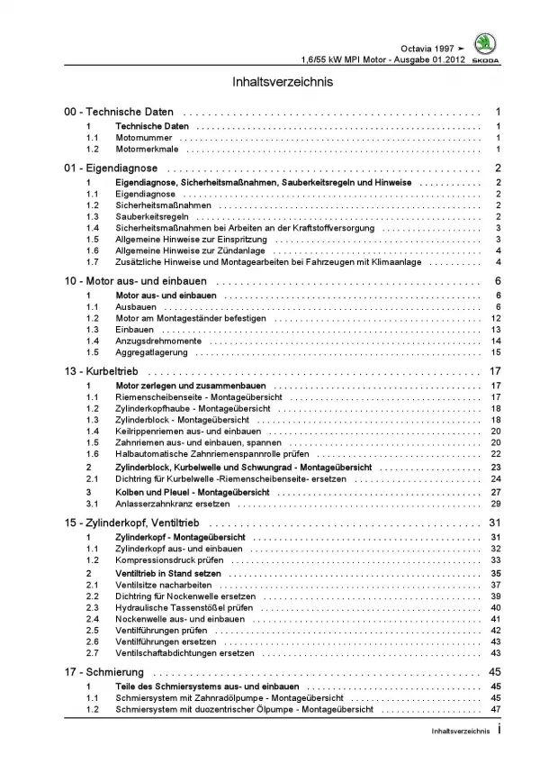 SKODA Octavia 1U 1996-2010 4-Zyl. 1,6l Benzinmotor 75 PS Reparaturanleitung PDF