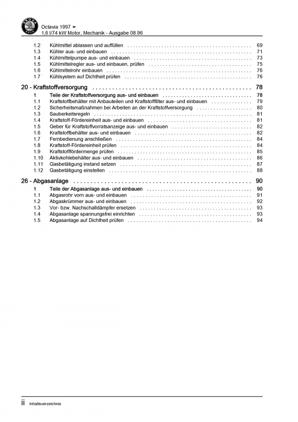 SKODA Octavia 1U (96-10) 1,6l Benzinmotor 100 PS Mechanik Reparaturanleitung PDF