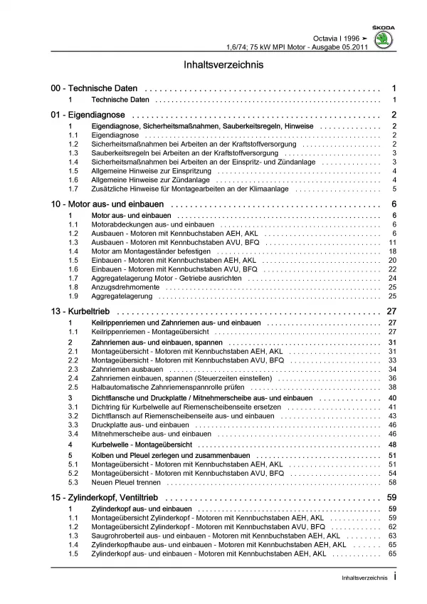 SKODA Octavia 1U 1996-2010 4-Zyl. Benzinmotor 100-102 PS Reparaturanleitung PDF