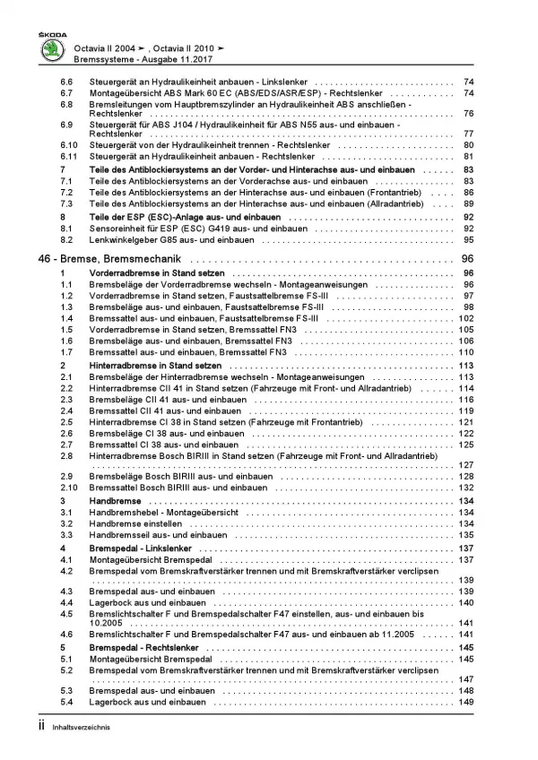 SKODA Octavia 1Z 2004-2013 Bremsanlagen Bremsen System Reparaturanleitung PDF